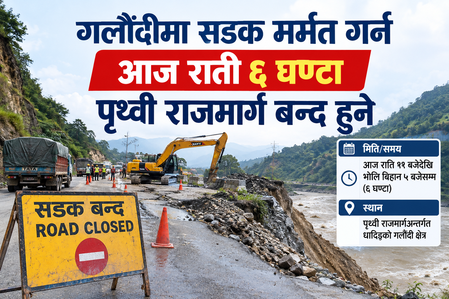 गलौँदीमा सडक मर्मत गर्न आज राति ६ घण्टा पृथ्वी राजमार्ग बन्द हुने